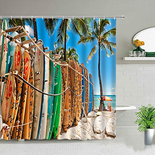 XCBN Cortinas de Ducha de Tabla de Surf pintadas a Mano de Playa Colorida de ensueño, Sol de Verano en patrón de Tabla de Madera, Cortinas Impermeables A1 180x200cm