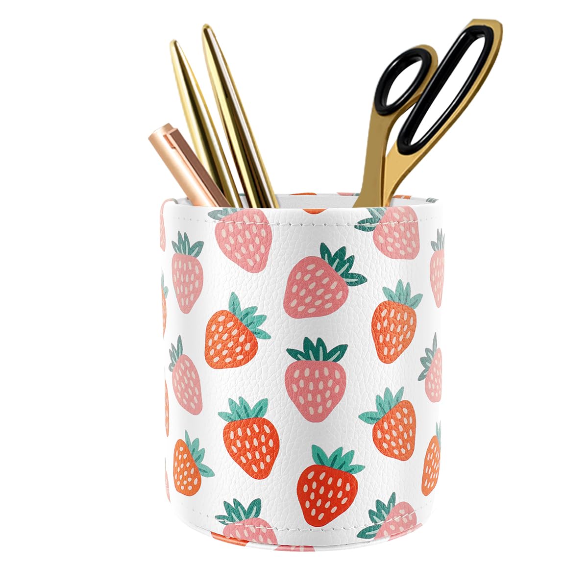 WAVEYU Pen Holder for Women Girls, Pencil Cup Pink Desk Decor, Makeup Brush Holder Large Pu Leather Multi-Functional Organizer Cup for Office, Classroom, Home, Strawberry — image 1