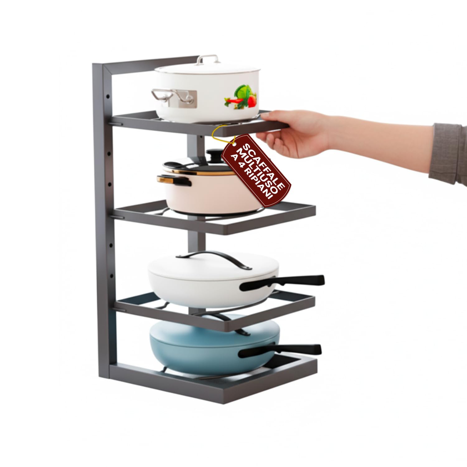 Avilia – Scaffale Metallo 4 Ripiani Regolabili – Organizer Multiuso Cucina - Pentole, Padelle e Piatti - Alzatina Salvaspazio per Dispensa e Piano di Lavoro, 5kg Capacità