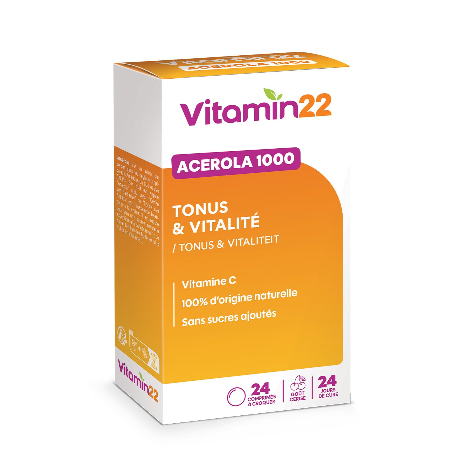 VITAMIN'22 - Acerola 1000 - Complément alimentaire à base d'Acérola- Vitamine C 100% d'origine naturelle - Sans sucre - Sans gluten - Goût Cerise - Cure de 24 j - Lot de 2 produits