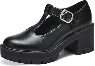 Women’s Classic Mary Janes T-Strap Platform Mid Heel Chunky Pumps Round Toe Uniform Goth Lolita Shoes Ankle Oxfords Dress Shoes