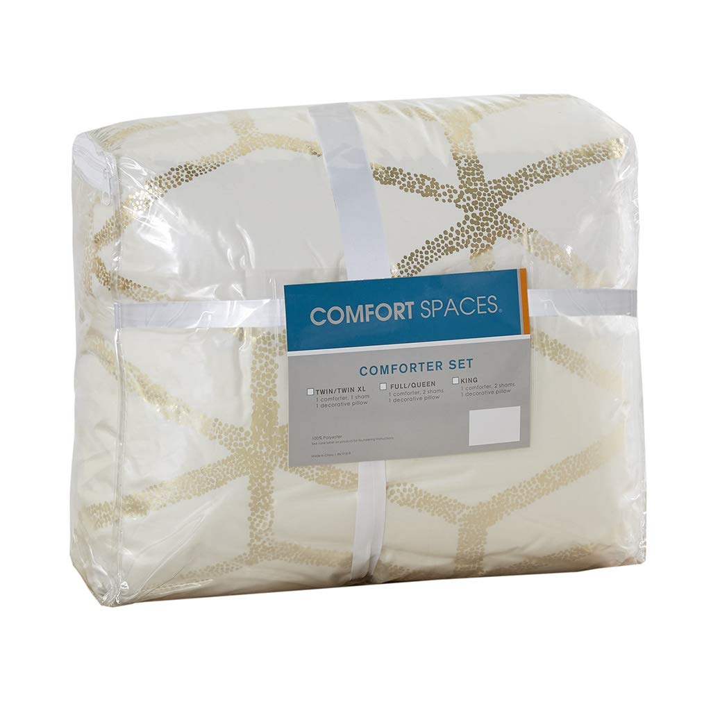 Comfort Spaces Vivian Comforter Set Ultra Soft All Season Lightweight Modern Geometric Glam Metallic Print Bedding, Matching Sham, Decorative Pillow, Full/Queen, Geometric Ivory/Gold