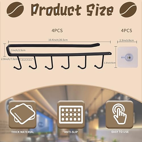 Miniatura 2 de 4 soportes para tazas de café debajo del gabinete, soporte para tazas de café con 6 ganchos para tazas, ganchos adhesivos para utensilios de cocina,