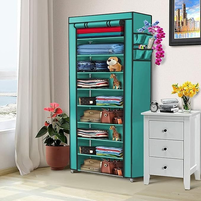 Image of Collapsible Wardrobe 6 Shelves Storage Clothes Storage Rack Quick Wardrobe /Cabinet /Multipurpose Storage Rack, Foldable, Collapsible Fabric Organizer for Home Office (FIROZI, 9 Layer)