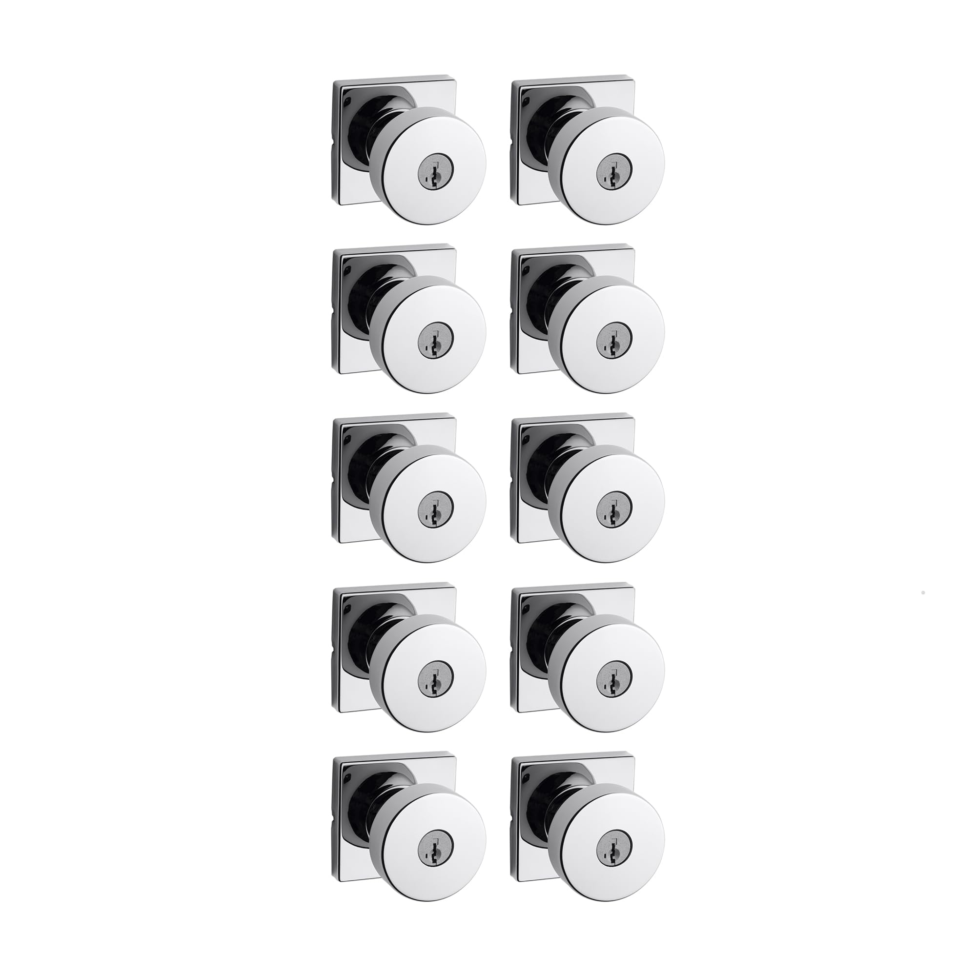 Kwikset Pismo Entry Door Knob with Lock and Key, Secure Keyed Handle Exterior, Front Entrance and Bedroom, Polished Chrome, 10 Pack, Pick Resistant SmartKey Rekey Security