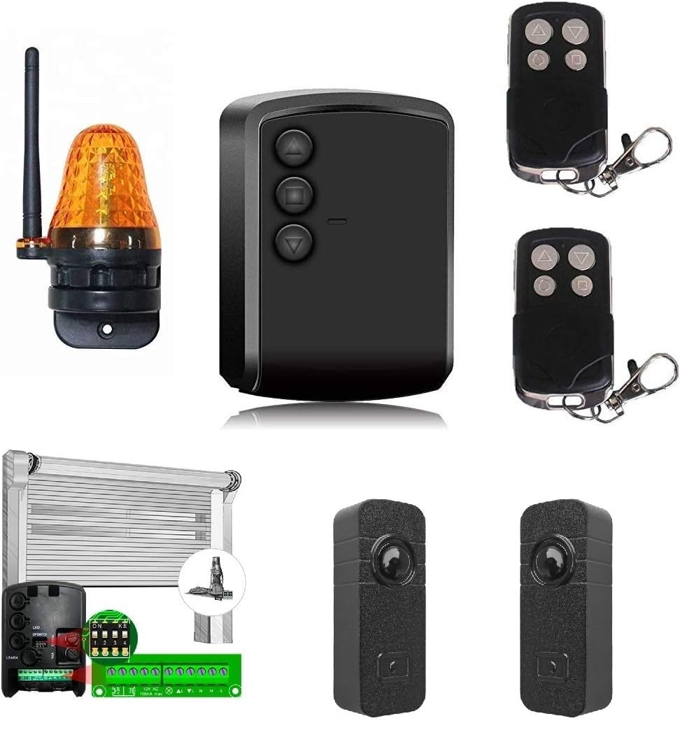 Kit de base pour automatiser un moteur volet enroulable automatisation garage avec 1 boîtier universel avec touches manuelles + 2 radiocommandes + clignotant à LED + paire de photos