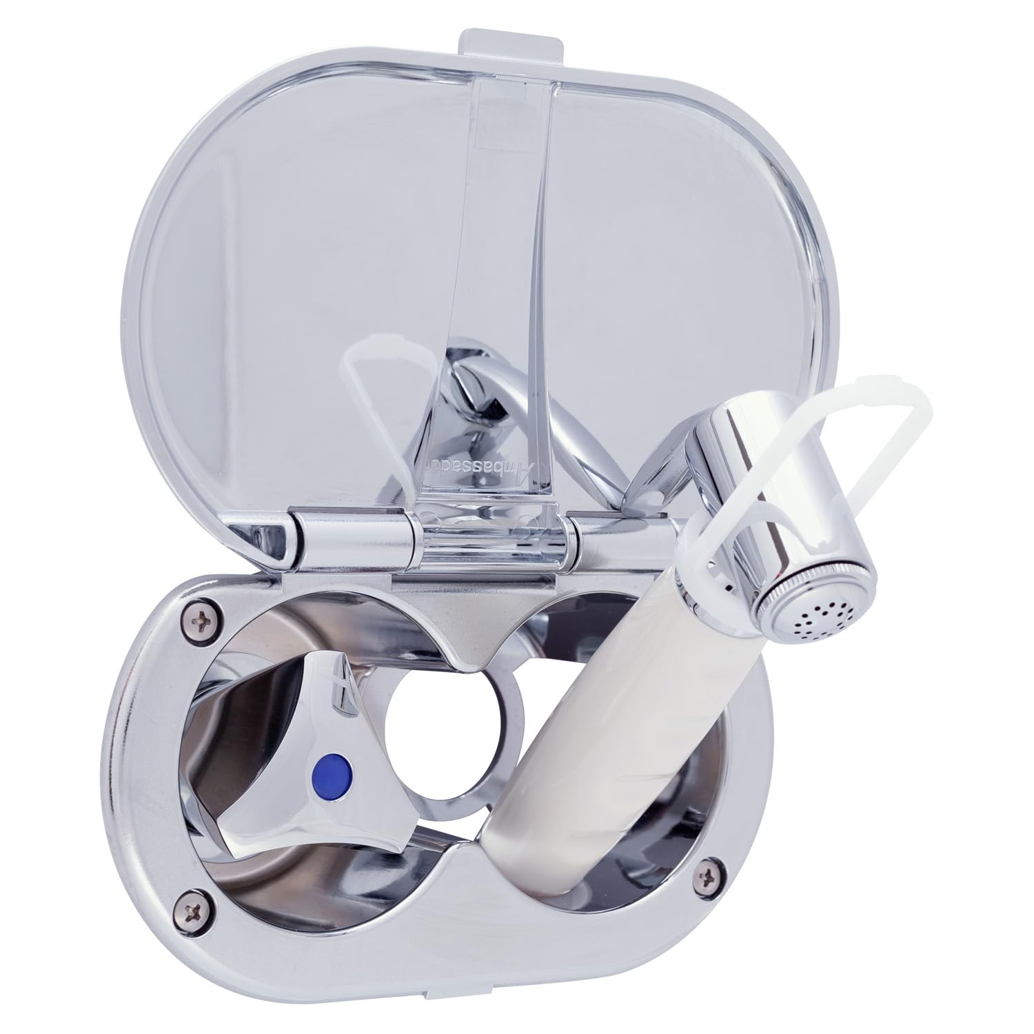 Ambassador Marine Trinidad- Transom Shower (Cold Only), Chrome Cup & Lid, Hammer-Head Warm White Sprayer, 6' Stainless Steel Hose, Chrome Trinidad Handle - 136-0216-CW-W