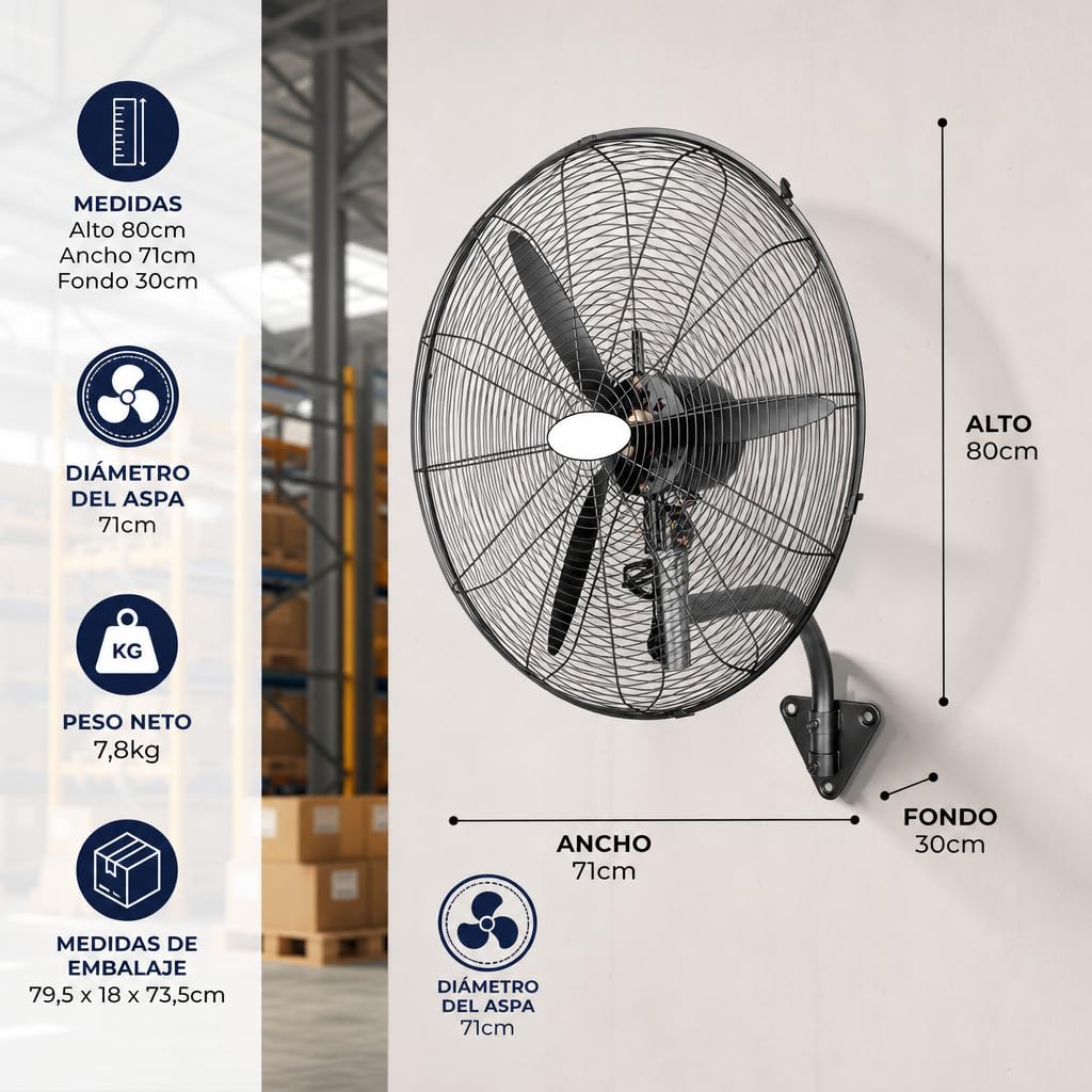 Ventilador Industrial Pared Negro Metal | Oscilante, Orientable y Ajustable | 3 Velocidades, 3 Aspas, Silencioso | Almacenes, Gimnasios, Talleres, Fábricas | Ø71cm | 240W | Protección calentamiento