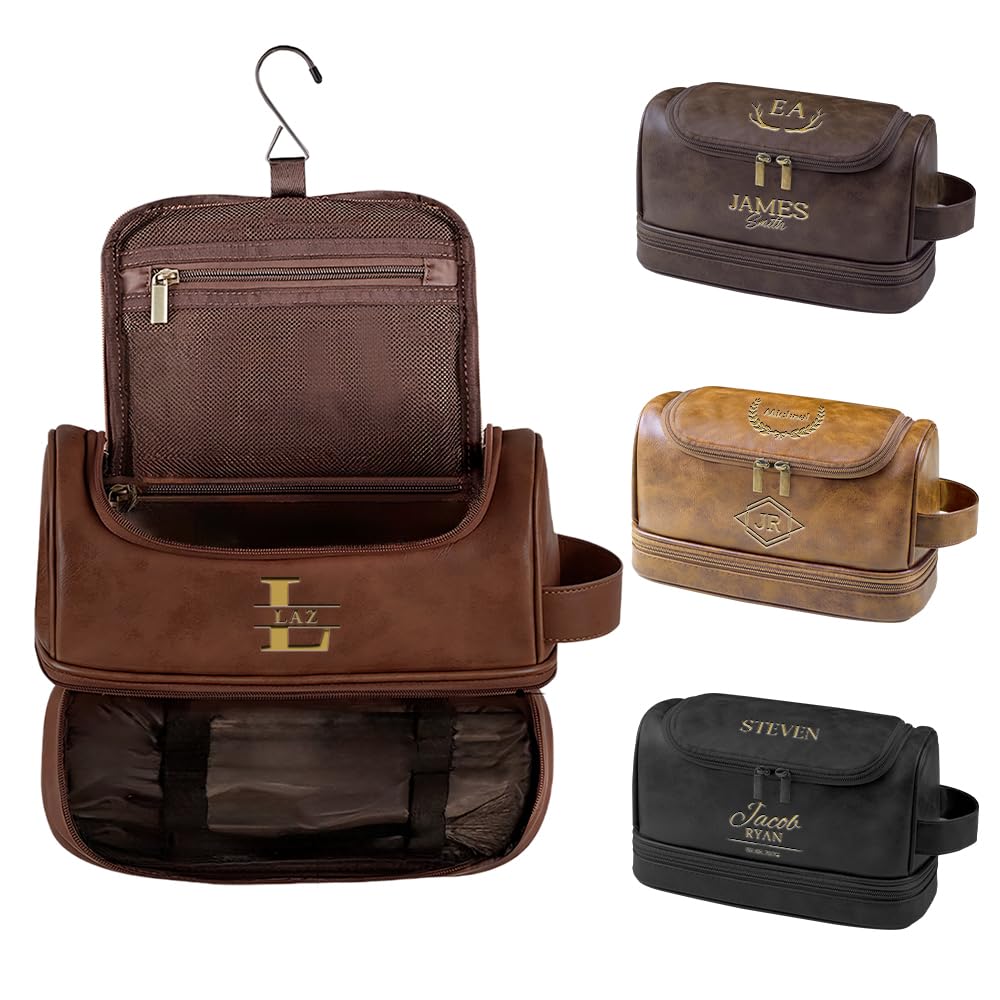 Personalized Toiletry Bag for Men PU Leather Mens Toiletry Bag for Traveling Fathers Day Gifts for Men Dad
