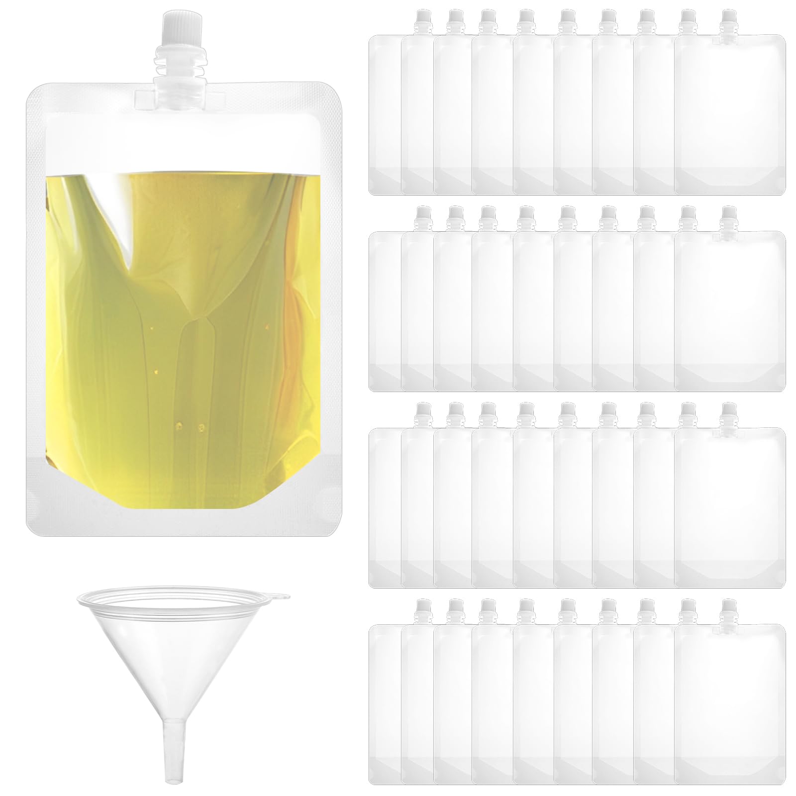 Oungy 100Pcs Drink Pouches for Festivals, 18oz/500ml Plastic Drink Bags with Funnels, Reusable Drink Pouches Bags Clear Refillable Juice Pouch for Picnic Party Camping