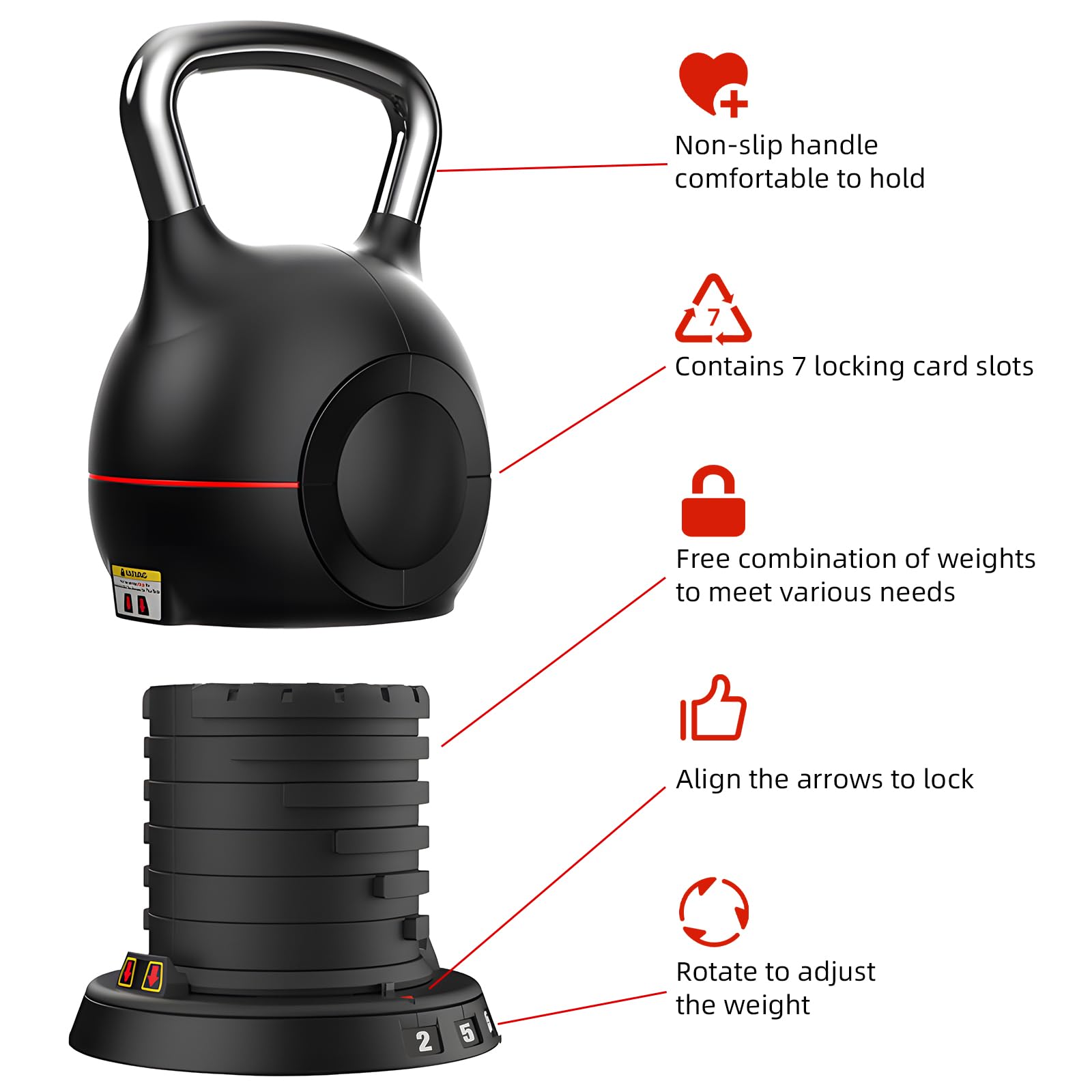 Pesa rusa ajustable, 7 en 1 de 2 a 20 kg, mango de aluminio sólido, ajuste rápido de peso para gimnasio en casa, adecuado para entrenamiento de fuerza de personas en todas las etapas.
