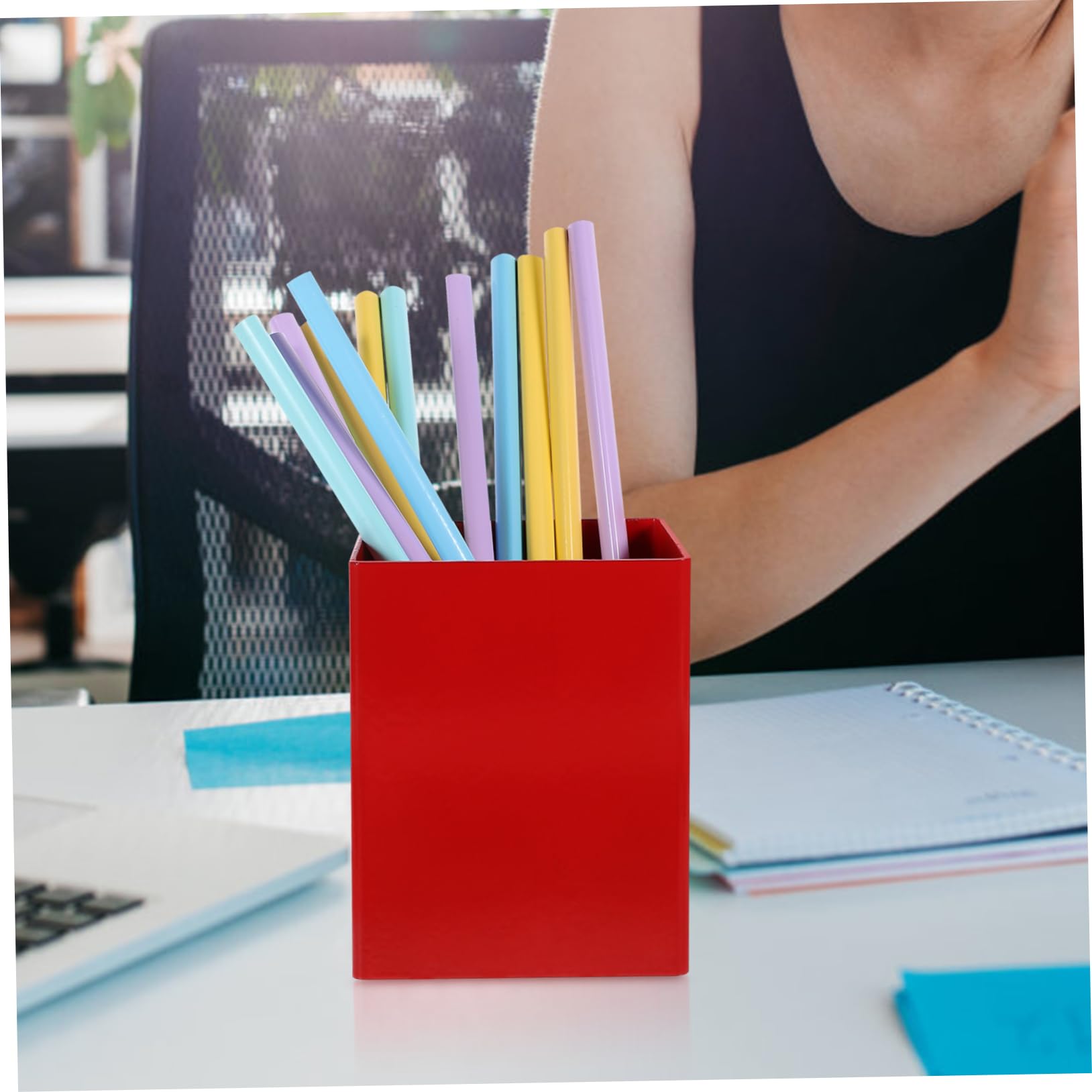 SHINEOFI Portalápices de Mesa de Metal Rojo, Cubo para Guardar Lápices