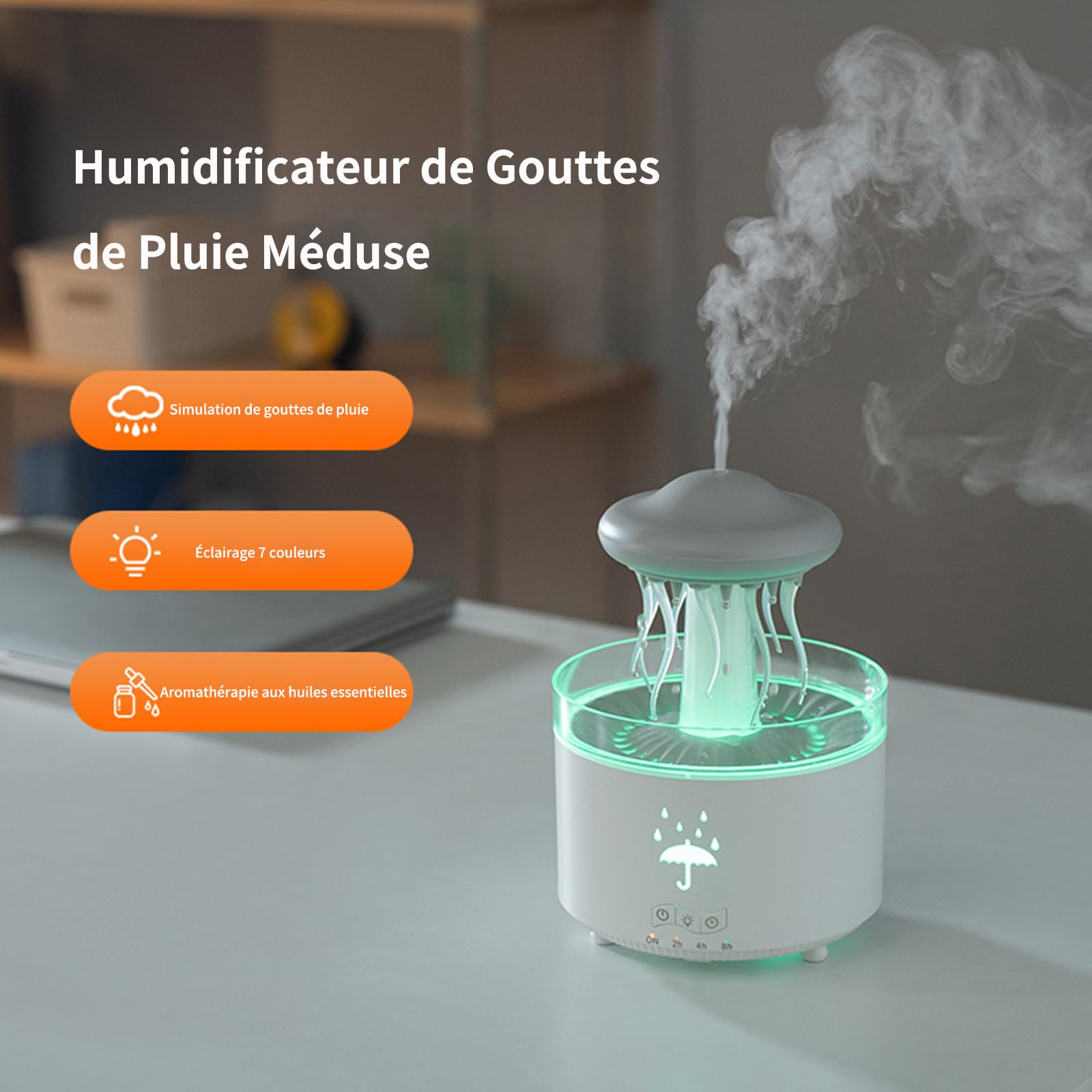 Humidificateur de Chambre à Coucher, Humidificateur de Méduse à Effet de Goutte d'eau 7 Couleurs, Diffuseur d'aromathérapie 300ml avec Télécommande et Minuterie, Cadeaux Amusants (Blanc)
