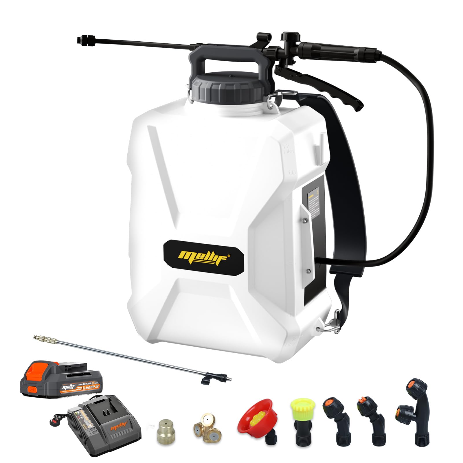 Mellif Backpack Pump Sprayer 12L, 55 Psi Cordless Pressure Garden Sprayer,Compatible with Dewalt18v Battery,25 Ft Telescopic Wand & 7 Nozzles & Widened Shoulder Strap,0.33GAL/Min