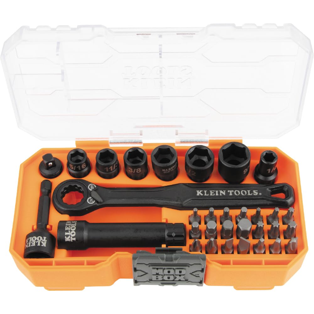Klein Tools 65300 Juego de llaves de vaso de paso con clasificación de impacto de 32 piezas con funda MODbox, unidad de 1/4 pulgadas, enchufes, brocas y accesorios