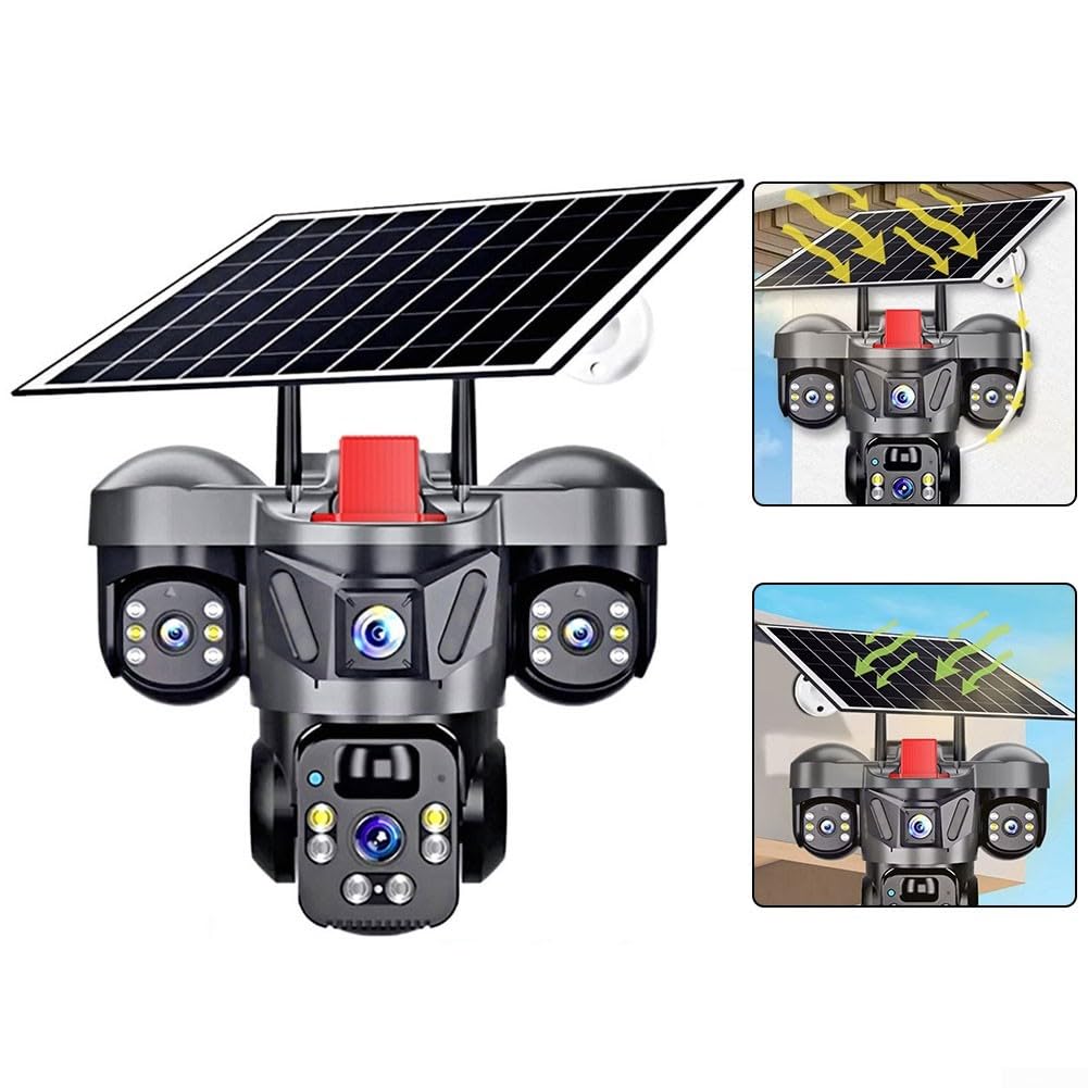 EasyByMall 360°-Funküberwachungskamera, Solar-mit DREI Linsen, 4 K Außen-Überwachungskamera mit doppelter Erkennung, Mensch/Auto/Bewegungserkennung