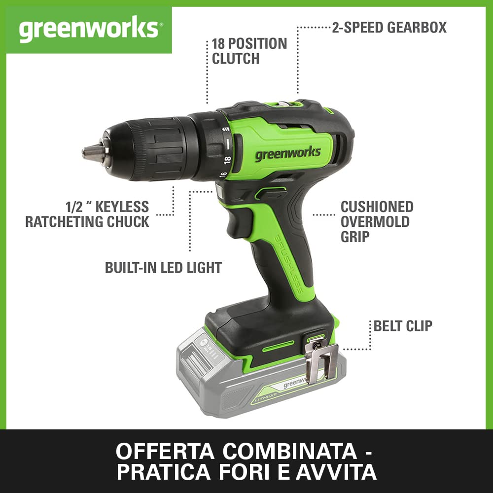 Greenworks GD24DD35K2 Trapano Avvitatore a Batteria con Motore Brushless, 0-1450 giri/min., 2 Marce, 35Nm di Coppia, Batteria 24V 2Ah e Caricabatterie, Borsa, Garanzia 3 Anni