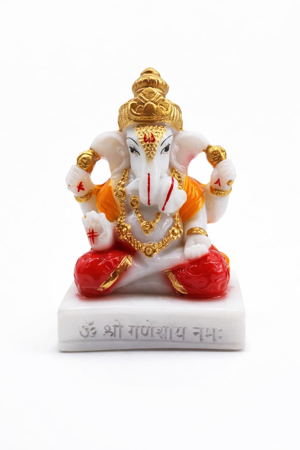 TSS The Sanatan Setu Traditional Seated Hand Painted Lord Ganesha Idol in Marble Dust | Small Ganpati Murti for Car Dashboard, Desk, Pooja & Decor (DAGDU Seth in RED Dhoti)