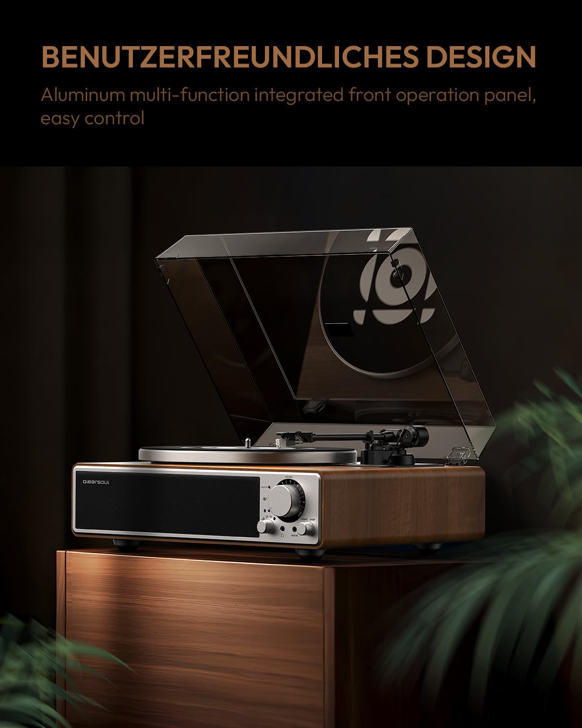 Qlearsoul ONE-Q Plattenspieler mit Lautsprechern, Bluetooth 5.4, All-in-One | AT-3600L Tonabnehmer, Phono-Vorverstärker, 33/45 RPM, verstellbares Gegengewicht, Aluminium-Bedienfeld