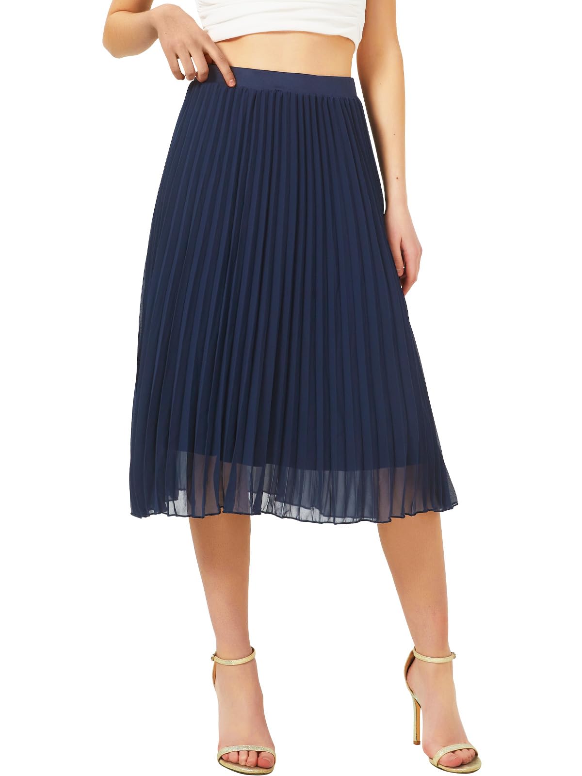 Soudittur Damen Sommer Chiffon Rock A-Linie Plissee-Rock Midilänge Faltenrock mit Elastischer Taille Leichter Flowy Midirock für Freizeit, Strand & Party
