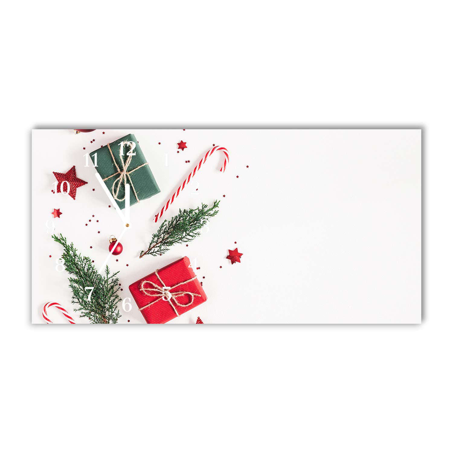 Tulup Zegar Świąteczny Poziomy Prostokatny 60x30cm Białe Wskazówki Szklany Zegar Na Ścianę Ze Szkła Dekoracja Świąteczna Boże Narodzenie Święta Prezent Ścienny - Prezent Słodycze Bombki