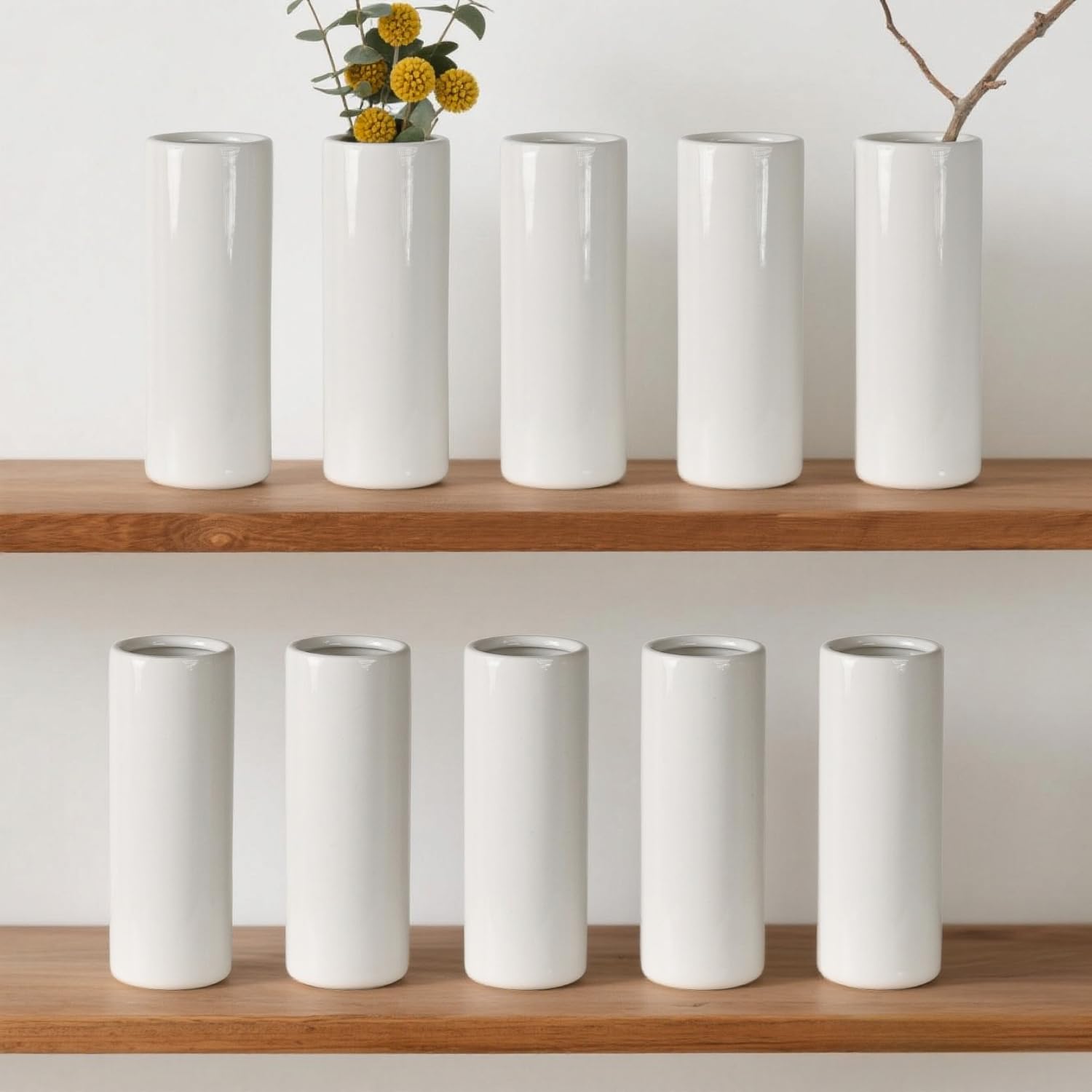Moderne weiße Keramikvasen, Set mit 10 Stück, für Wohnzimmer, Schlafzimmer, 18 cm, minimalistische, frische kleine Blumenvasen für Blumenstrauß, künstliche Pflanzen, Heimdekoration, Büro