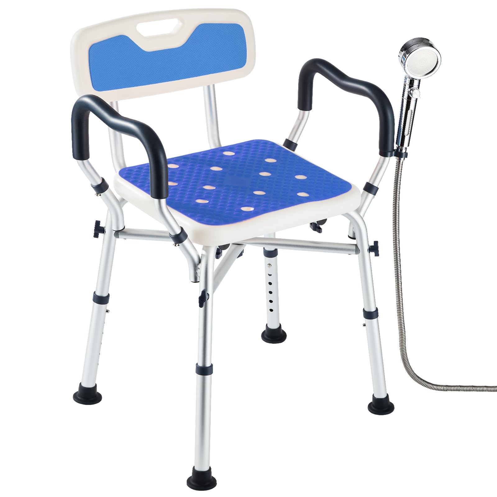 Silla de Ducha Mayores-Silla Ducha Ancha y Resistente con Respaldo y reposabrazos, Asiento De Ducha Antideslizante para Baño con Ajuste De Altura en 6 Niveles para Adultos y Personas Mayores