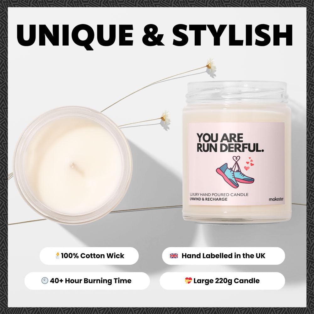 Gift for Running A Marathon - Luxury Soy Wax Candle - Vanilla, Jasmine, Sugared Almond - Makester, White, 220g - Image 3