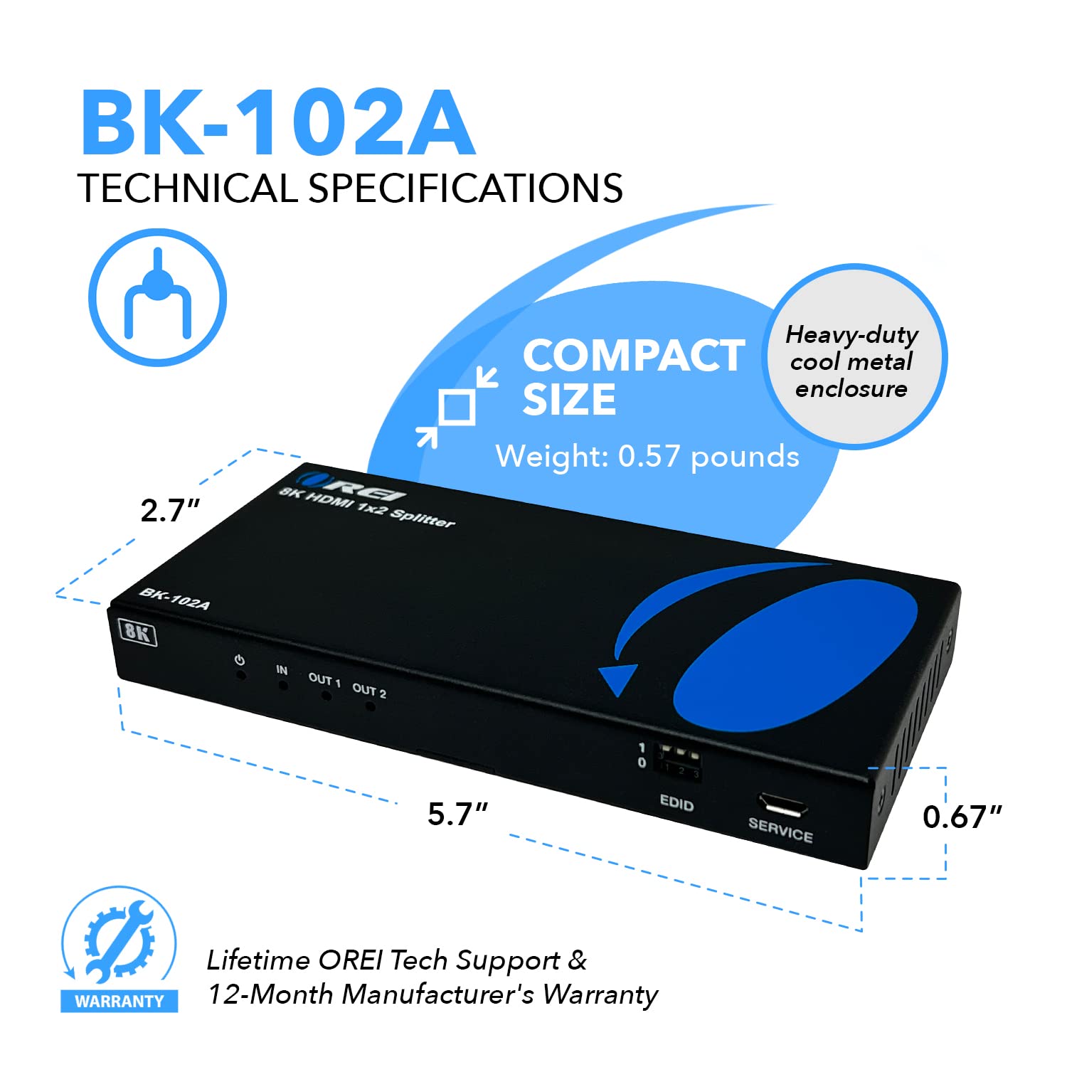 OREI 8K HDMI Splitter 1 X 2, Duplicate with Audio Extractor UltraHD Supports Upto 4K @ 120Hz IR EDID HDCP 2.3, (BK-102A) (1x2 - Image 2