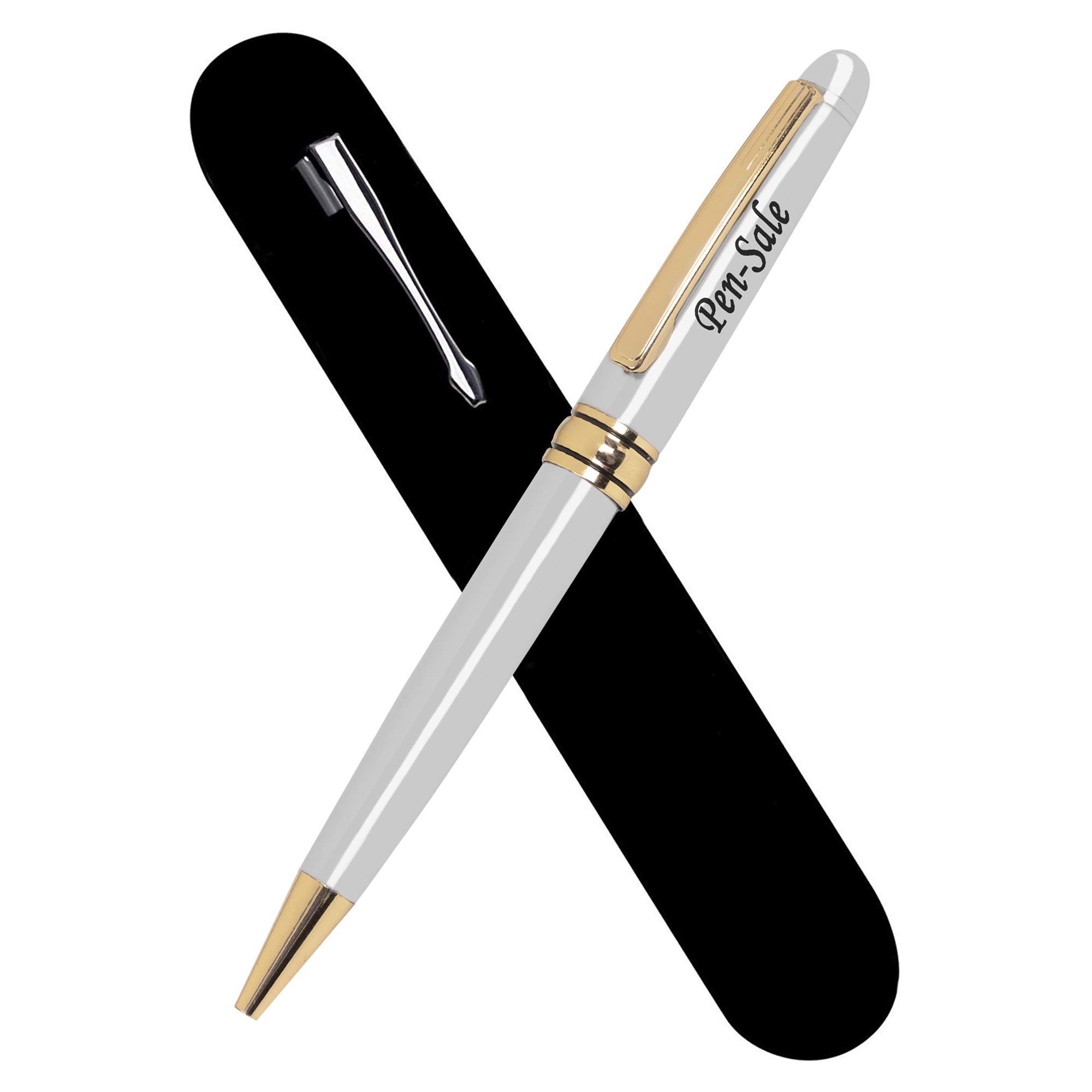 Paul CloverPersonalised Engraved Ballpoint Pen with Black Ink in a Classy Velvet Pouch - Personalised Gifts For Christmas, Gifts For Men and Women - Enter Your Custom Text (Silver Gold Trim)