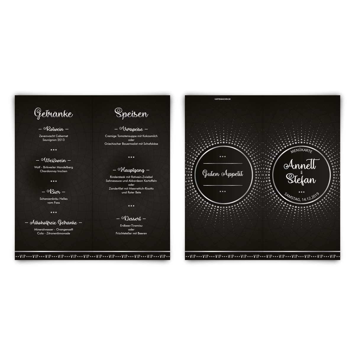 30 x Hochzeit Menükarten individuell Text DIN Lang Klappkarte - Schwarz/Silber VIP