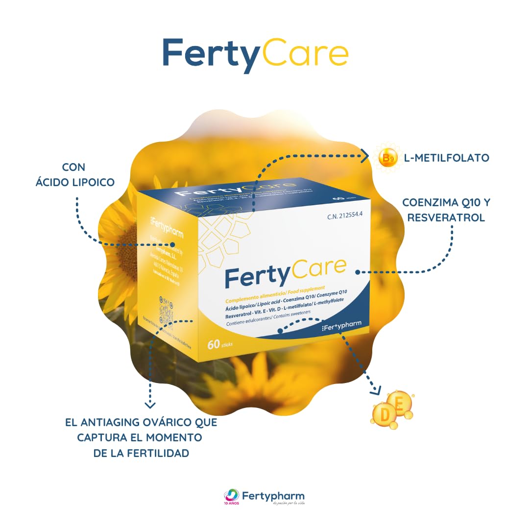 FERTYCARE | Complemento alimenticio | Ácido lipoico, Coenzima Q10, Resveratrol, Vitamina D, Vitamina E y Ácido fólico (L-metilfolato)| 60 sticks