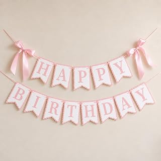Pink Happy Birthday Banner with Satin Bows, Coquette Bow Birthday Decor