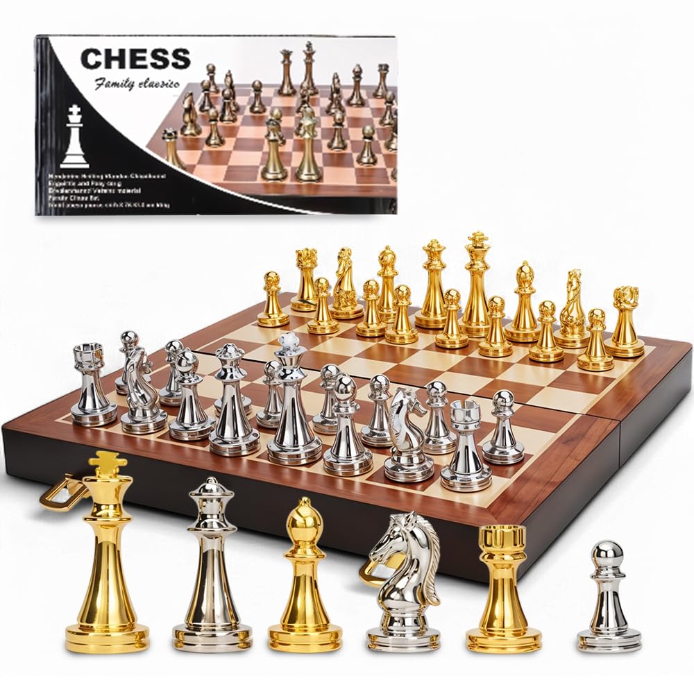 SILVIX | Wooden Chess Set 35 cm with Metal Chess Pieces (Gold and Silver color) | Board Game | Wooden Folding Chess Board | Portable Travel Chess Set | Beginner Chess Board Game for Adults & Kids
