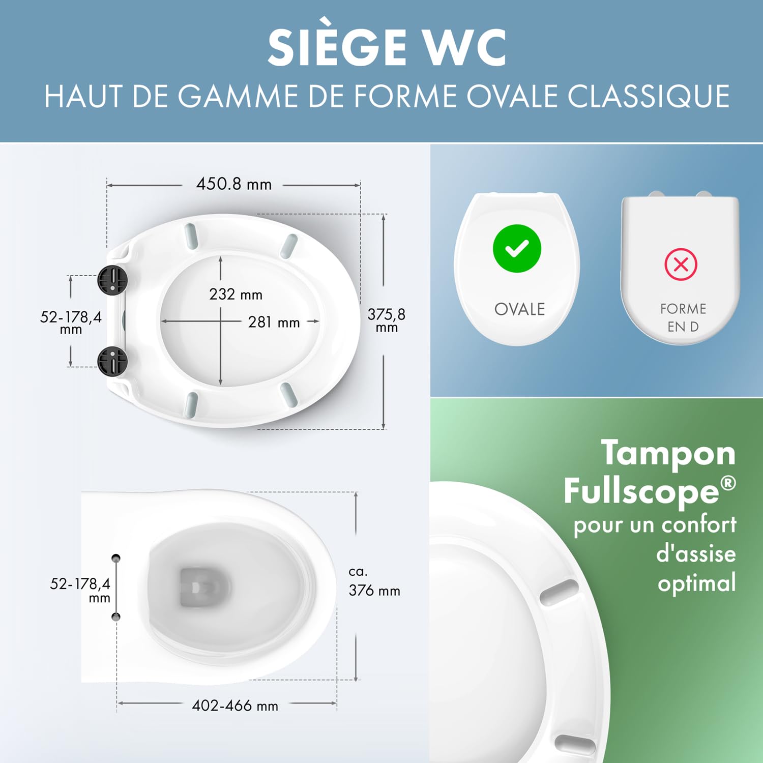 abattant wc avec frein de chute oval 36,6 x 5,5 cm - abattant wc clipsable avec fonction Quick Realease - lunette toilette facile à monter & à nettoyer - plastique haute qualité - adulte
