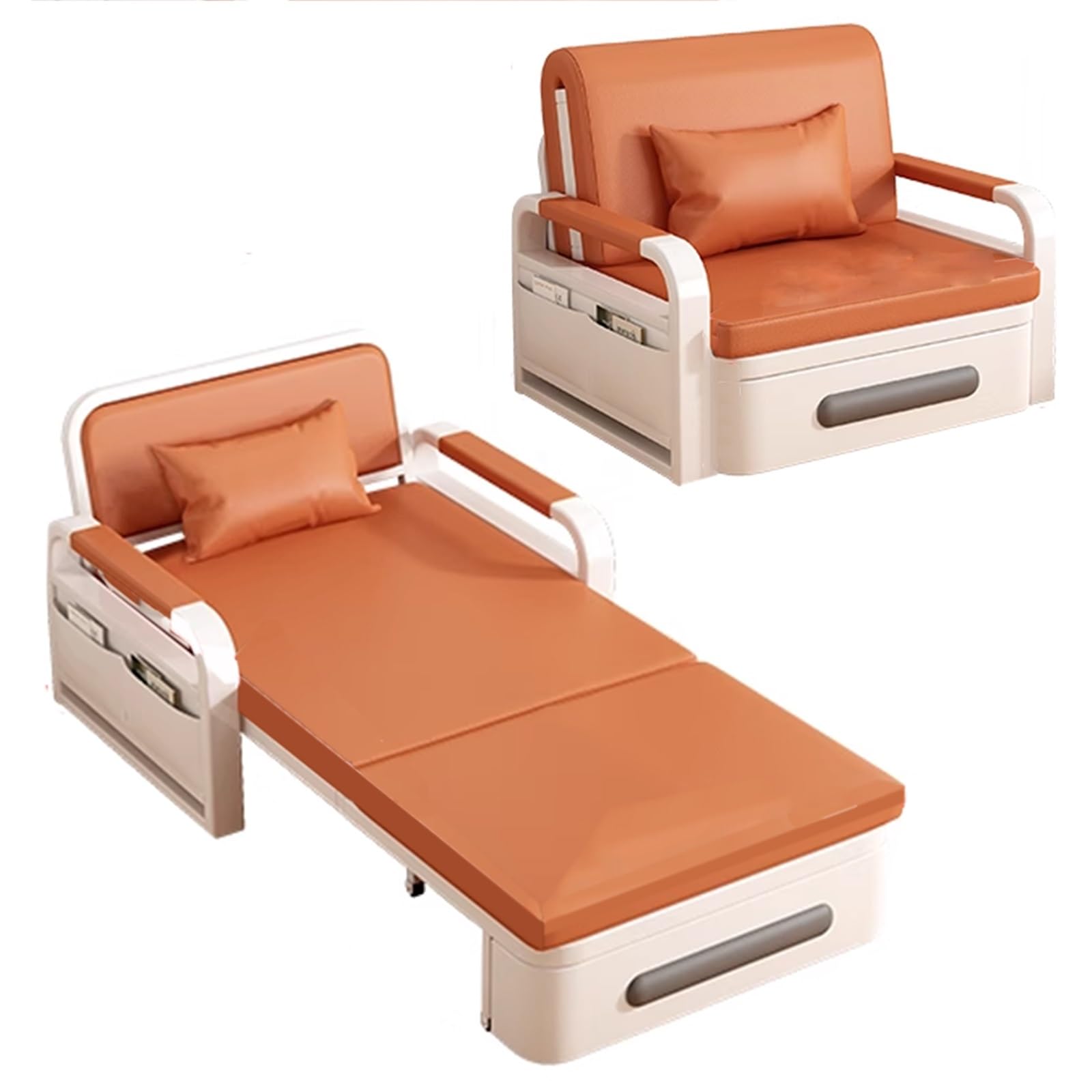Klappsofa mit Schlaffunktion Leder Gästebett mit Stauraum Rahmen Aus Karbonstahl Wohnzimmer Sofa mit Rollen 7 cm Dicker Schaumstoff für Zuhause, Büro(Orange,192 * 82 * 65cm)