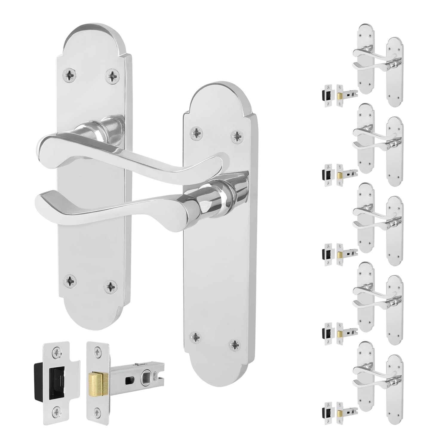 EAI Polished Chrome Door Handles with Latch 64mm, 6 Pack - Victorian Scroll