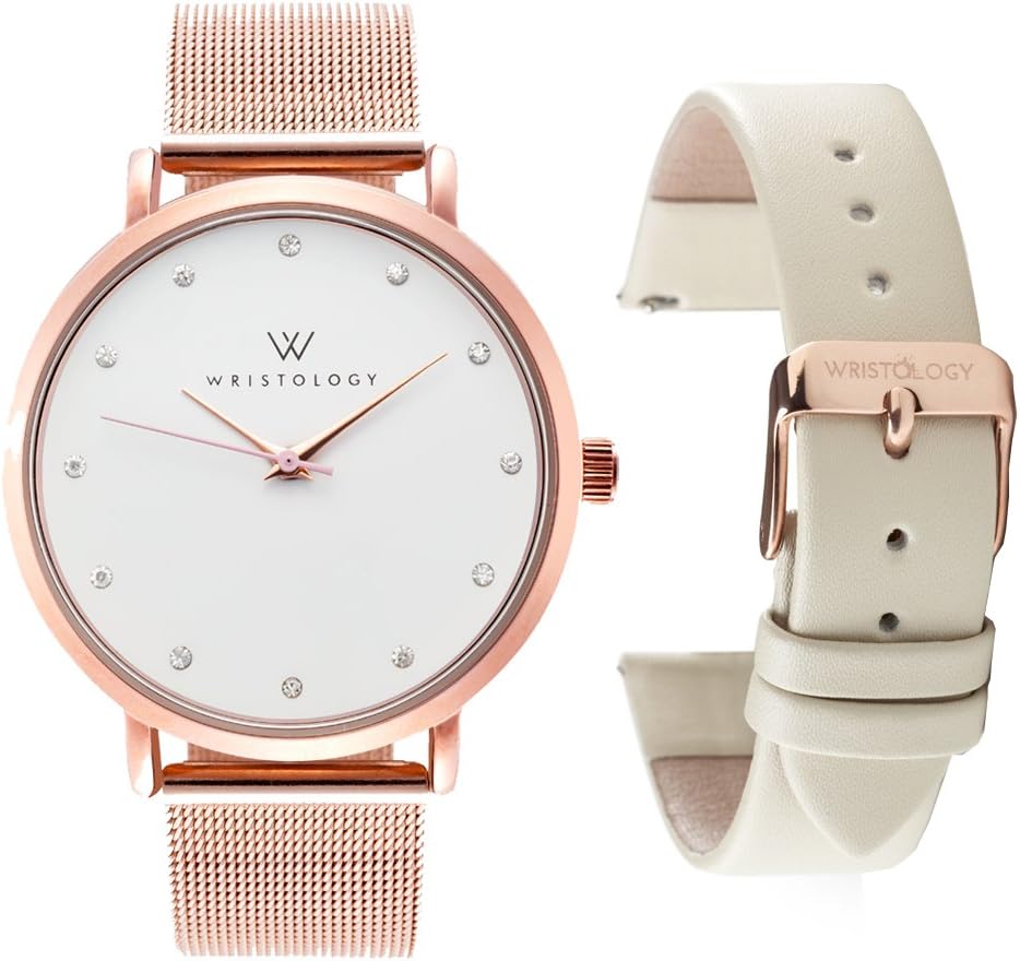 WRISTOLOGY Olivia Womens Rose Gold Crystal Boyfriend Watch Set 2 Straps Beige Rose Gold Mesh Bands