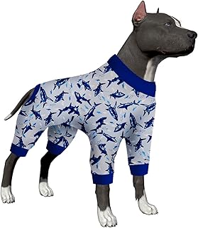LovinPet Big Dog Clothes For Large Dogs - Dog Pajamas for Large Dogs, Lightweight Fabric, Fintastic Blue Print, Dog Clothing, UV Protection, Easy Wearing Adorable Dog Clothes,Dog Onesie,Blue Shark 3XL