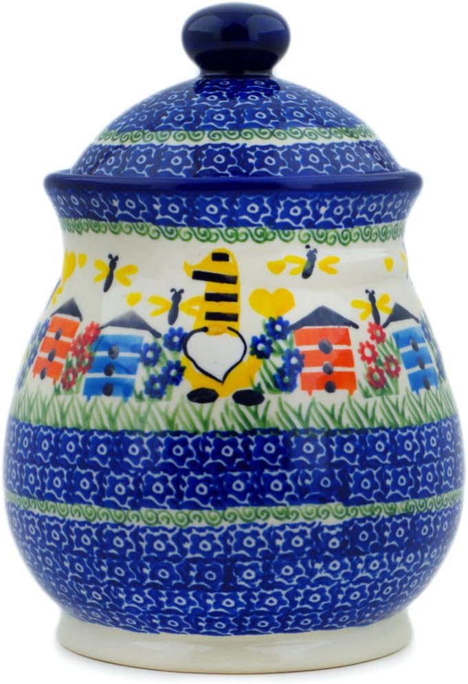 Polmedia Polish Pottery Jar with Lid UNIKAT - Beekeeper Gnome Pattern Handmade in Boleslawiec Poland + Certificate of Authenticity
