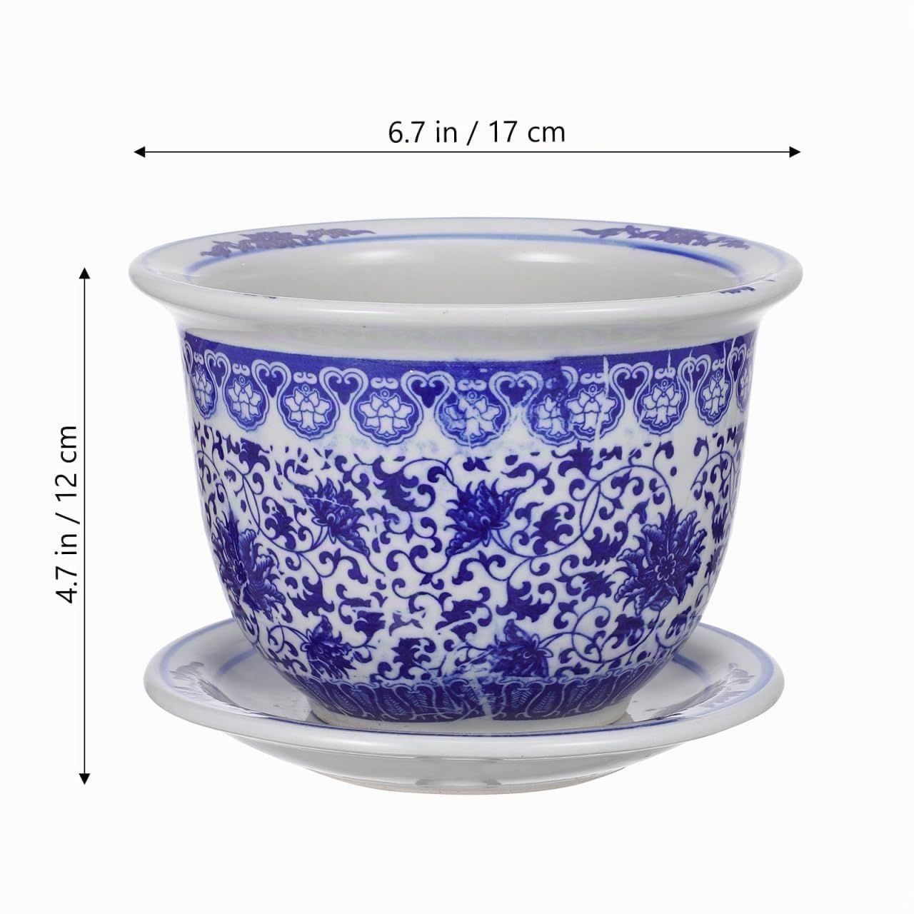 VANZACK Blau-weißer Blumentopf aus Keramik, chinesische Blumentöpfe aus Keramik mit Tablett, dekorativer Blumentopf für drinnen und draußen, Schreibtisch, Garten, Balkon