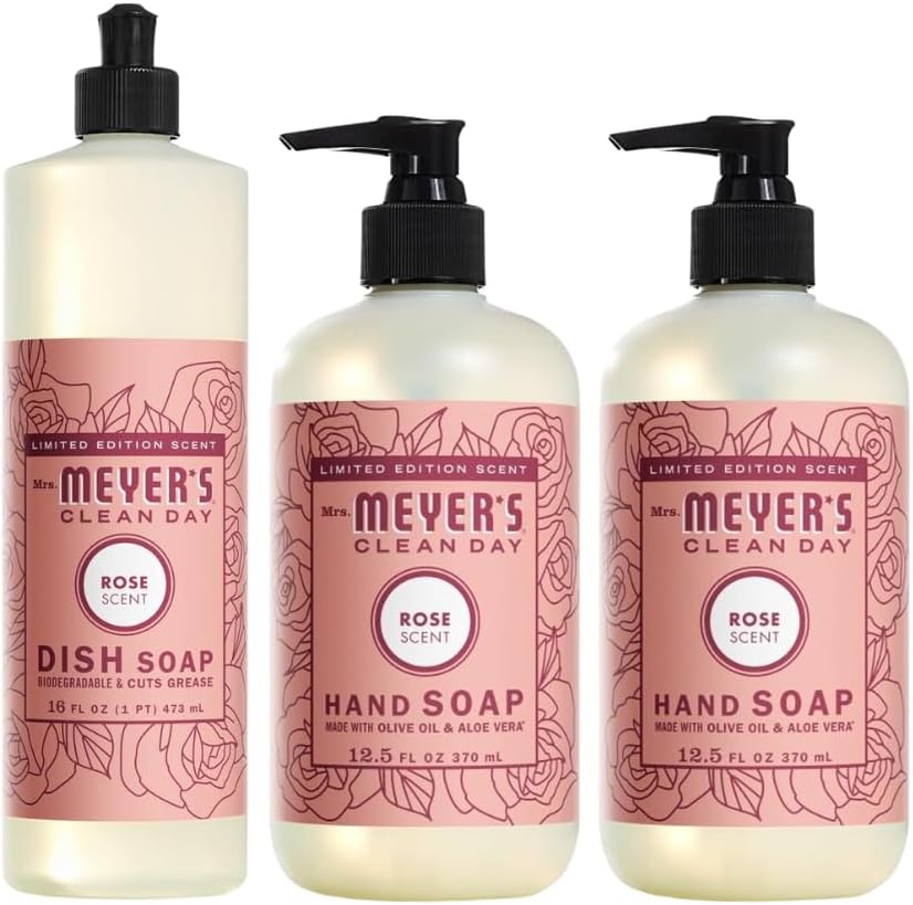 Mrs. MEYER'S CLEAN DAY Variety, 2 Liquid Hand Soap 12.5 OZ, 1 Liquid Dish Soap, 16 FL OZ (Rose)