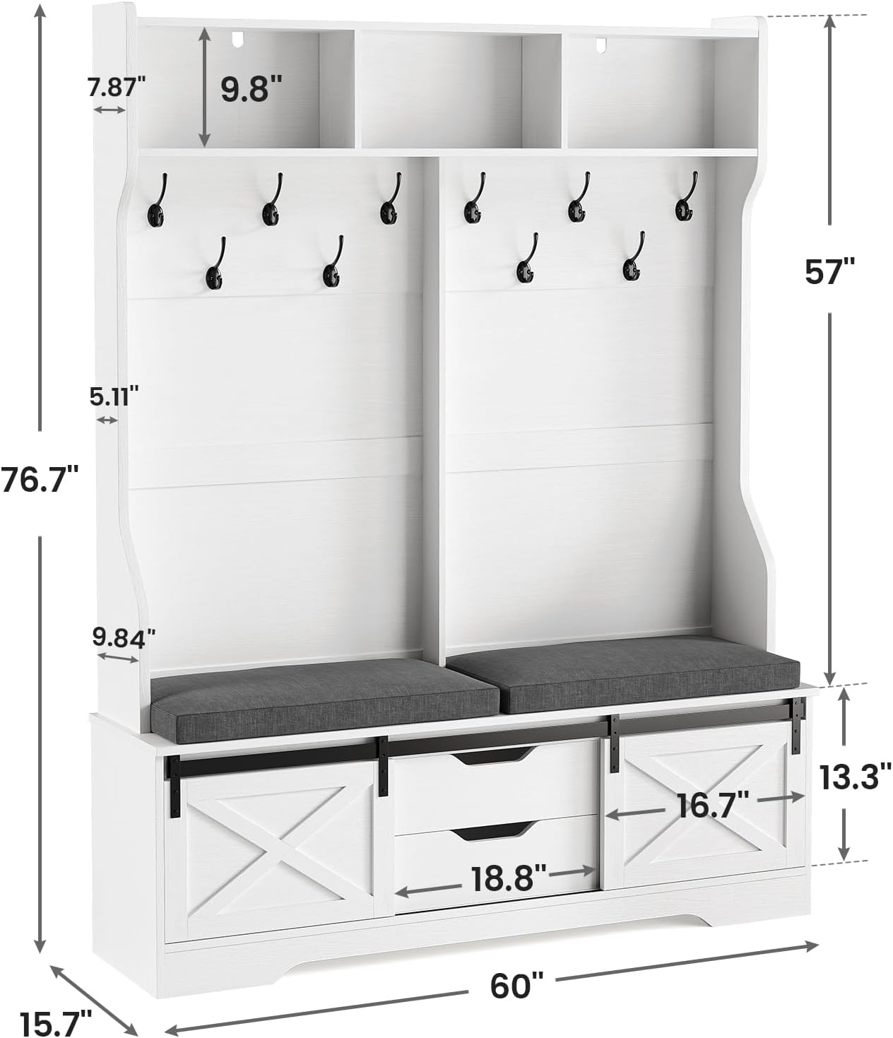 Diagram showing the dimensions of the UPOSOJA Hall Tree, including height, width, depth, and internal compartment measurements.