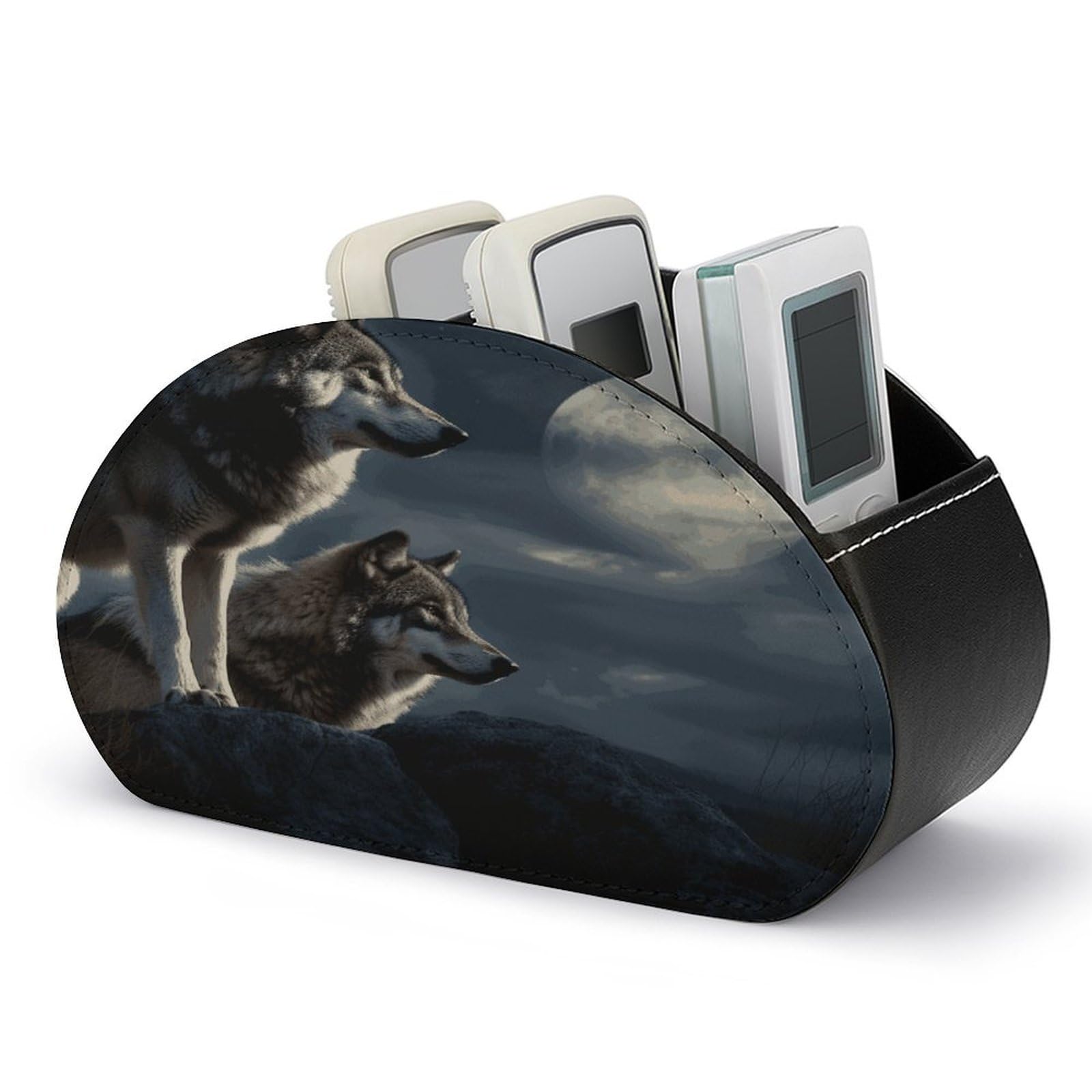 FekiLoot Wolves in The Moonlight Remote Control Stand with 5 Compartments, Remote Organizer for Table, TV, Storage Box/Tray for Media Controllers and Supplies