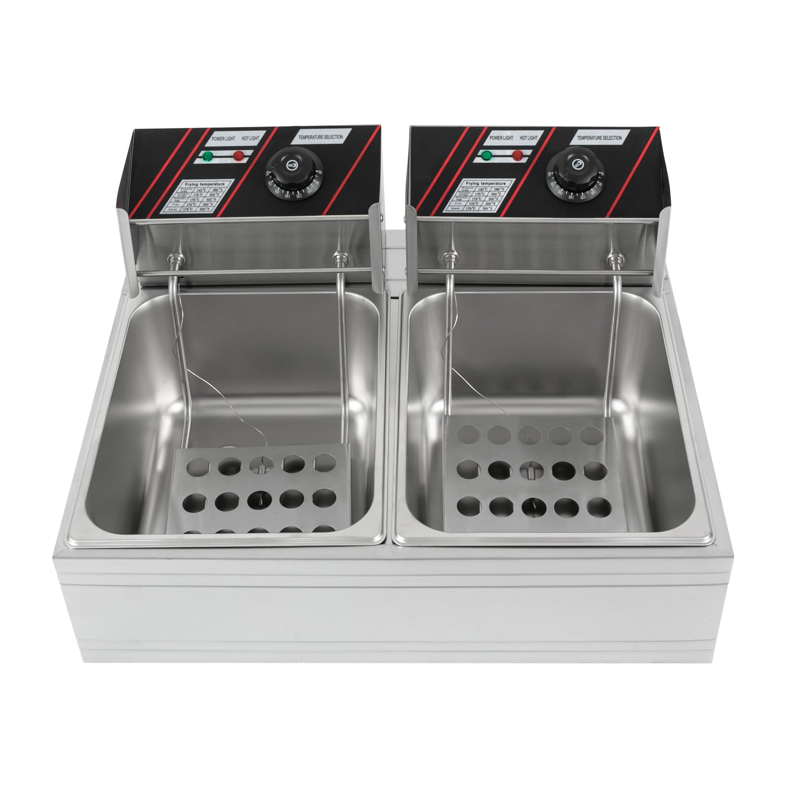 Freidora eléctrica de doble tanque de acero inoxidable, freidora eléctrica sumergible, doble freidora gourmet, con zonas frías comerciales profundas, plateada, para restaurantes