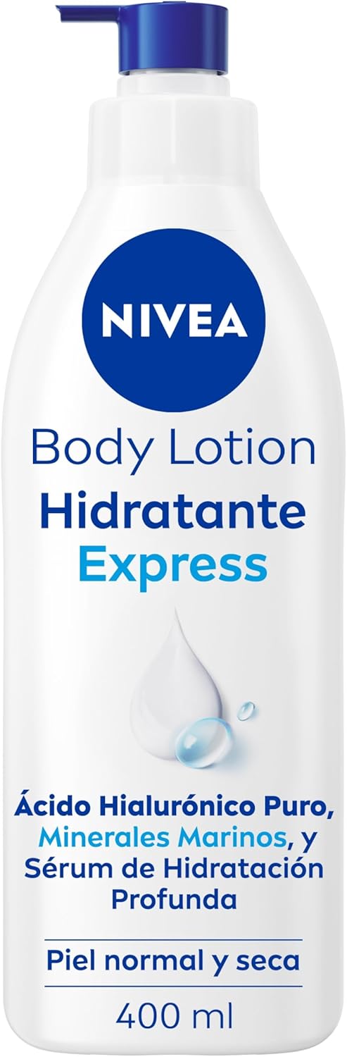 NIVEA Body Lotion Hidratante Express – Loción Corporal – 72h Hidratación – Ácido Hialurónico, Minerales Marinos y Sérum de Hidratación Profunda – Fórmula Ultraligera – Piel Normal y Seca – 400 ml