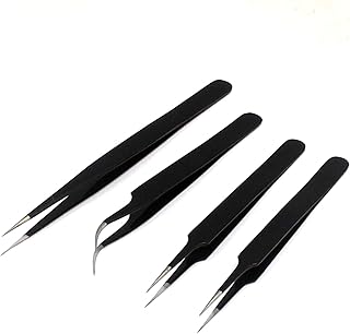 4 Pcs ESD Tweezers Set Anti-Static Tweezers Stainless Steel Tweezers for Eyelash Extension,Electronics, Jewelry-Making - Straight and Curved Tip Tweezers - Black By G.S Online Store