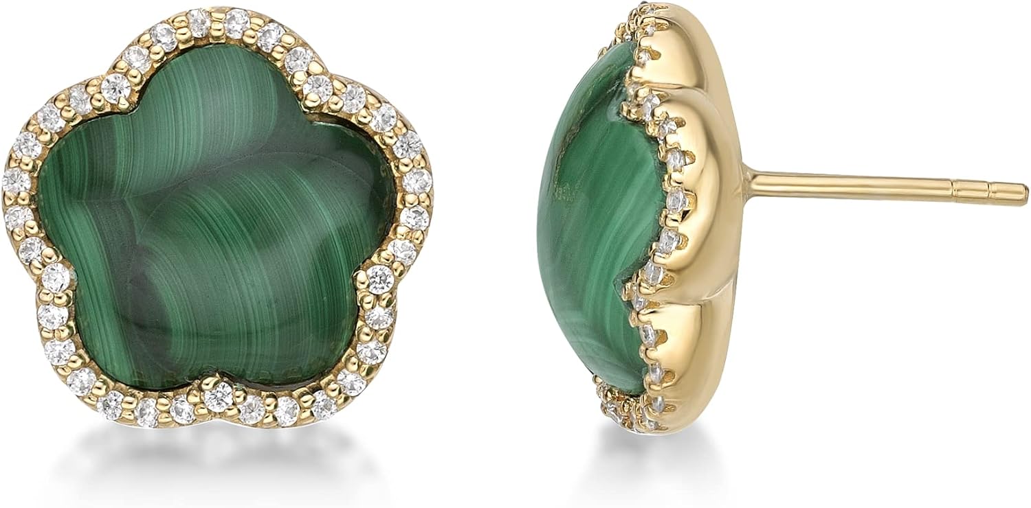 Lavari Jewelers Five Petal Flower Stud Earrings for Women - Black Onyx Green Malachite Mother of Pearl or Pink Quartz & Cubic Zirconia in 925 Sterling Silver - Hypoallergenic Gold Plated - Push Back