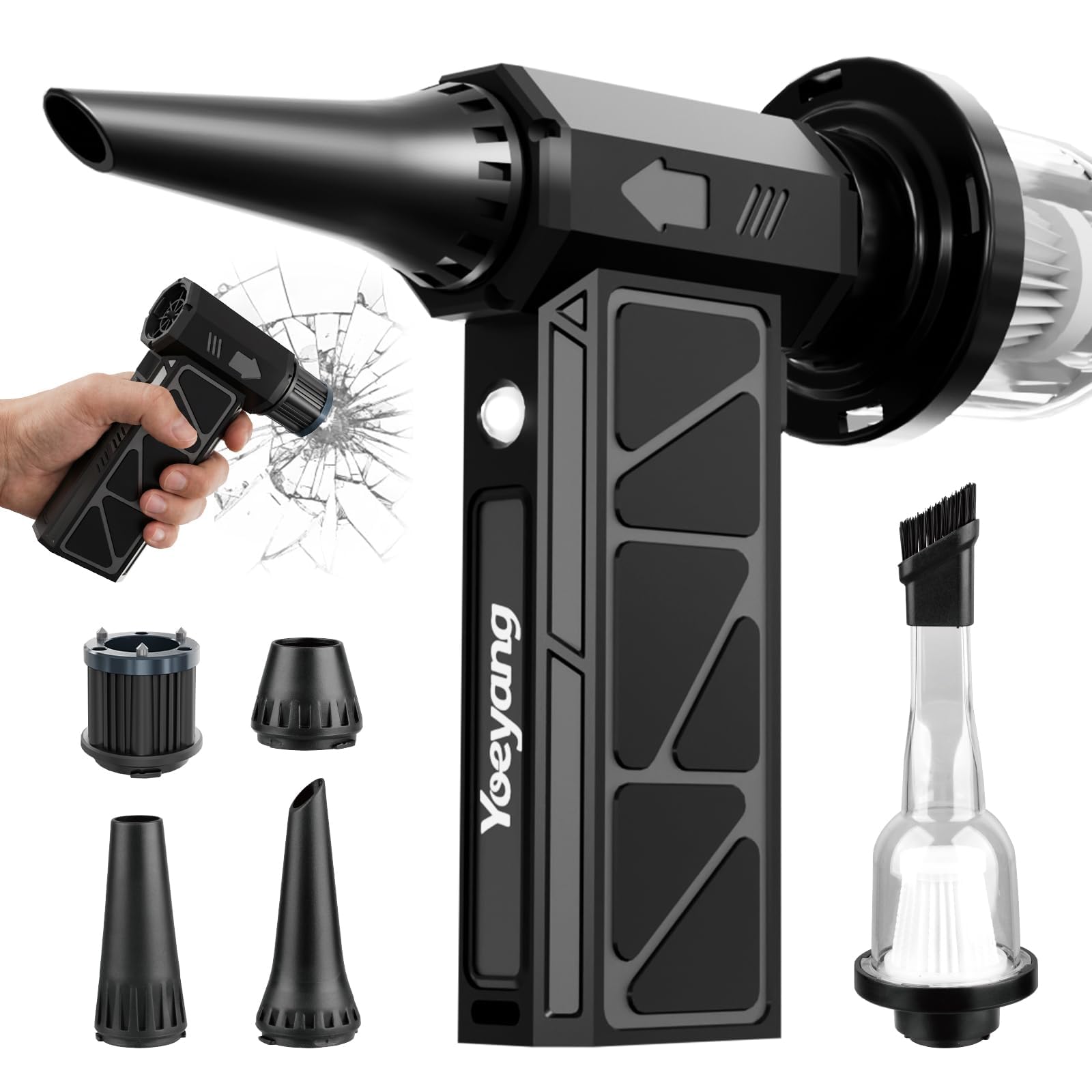 Compressed Air Duster, Industry-First O-Shaped Air Duct 13-Blade Dual-Layer | 4 Gear 6-in-1 Cordless Electric Mini Blower, Vacuum & Inflator, LED Light & Window Breaker for PC, Car, Home, Outdoor-picture-24