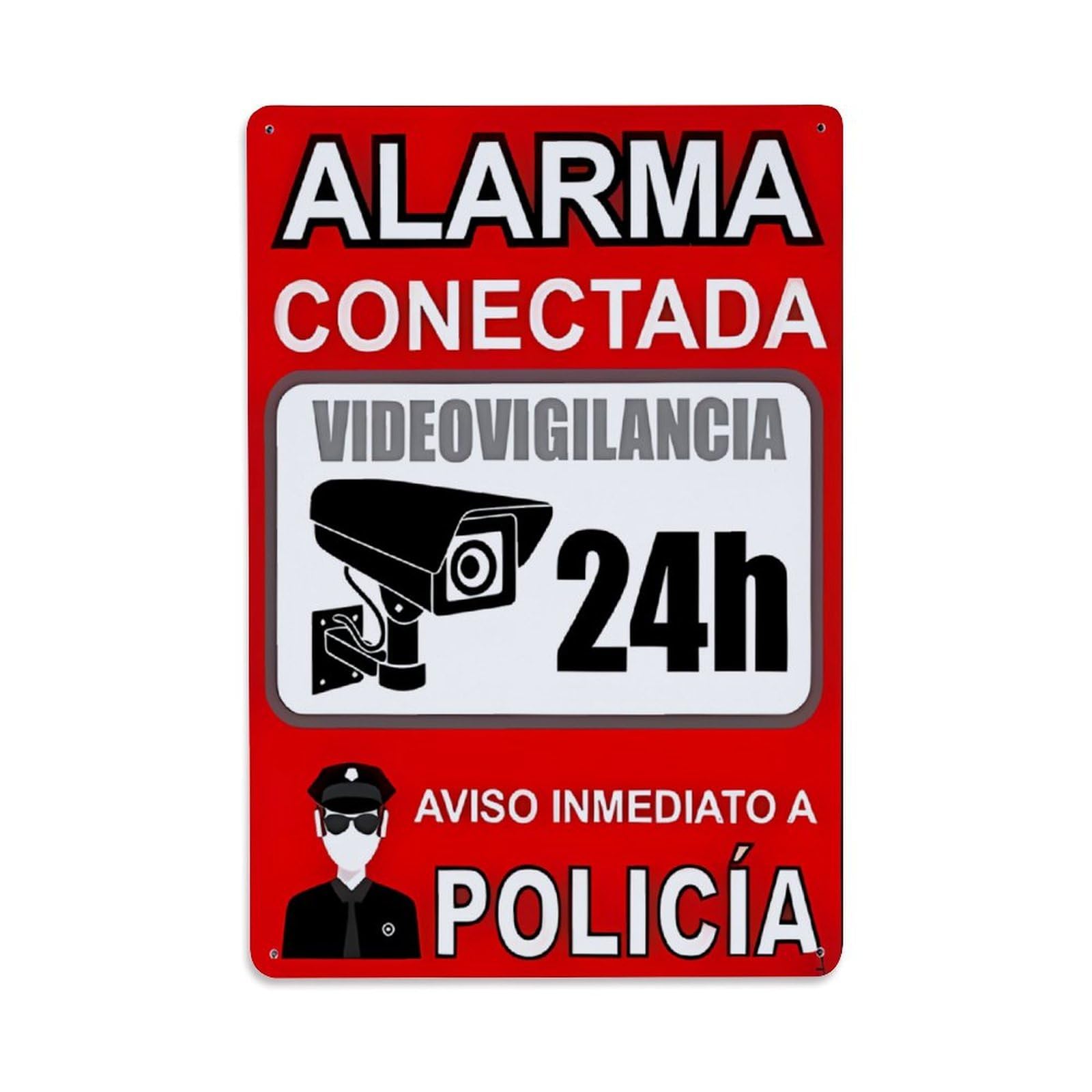 Alarma Conectada Videovigilancia 24h Police Warning Vintage Aluminium Metal Sign, Retro Wall Decor for Home, Bar, Garage & Farmhouse 30x20cm